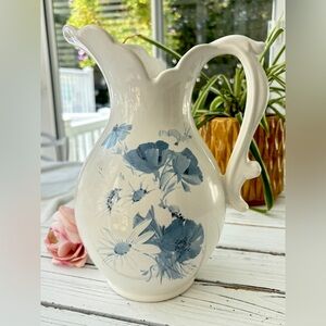 Vintage 1960s Royal Haeger USA Pottery White Pitcher with Blue Flowers